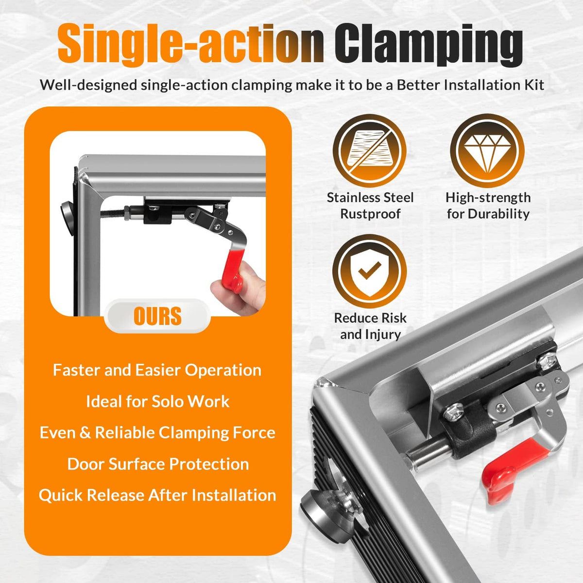 Single-action clamping door installation tool kit with steel clamp handle and casters
