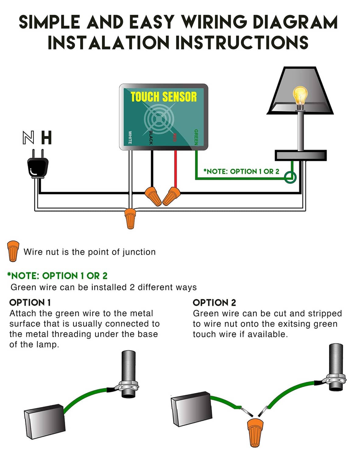 3-way touch dimmer wiring diagram: touch sensor module with lamp and wire nuts