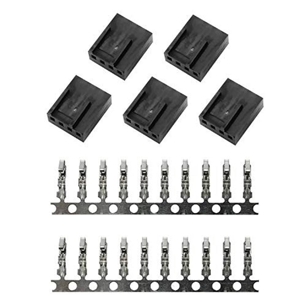 4-pin fan plug interfaces set of black housings with metal crimp pins on strip