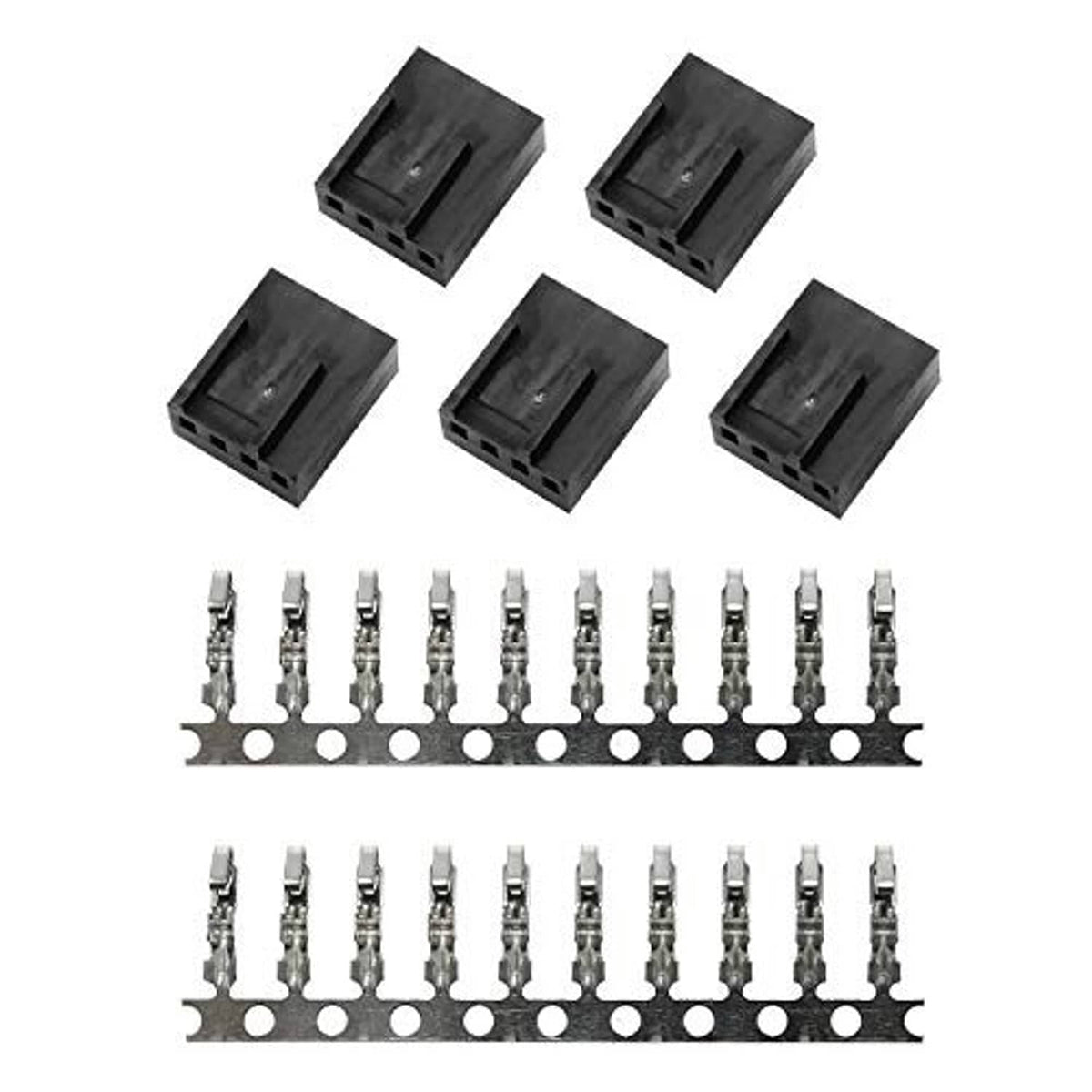 4-pin fan plug interfaces set of black housings with metal crimp pins on strip