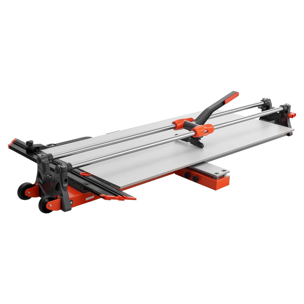Manual tile cutter side view with handle, orange base, wheels, and guide fence