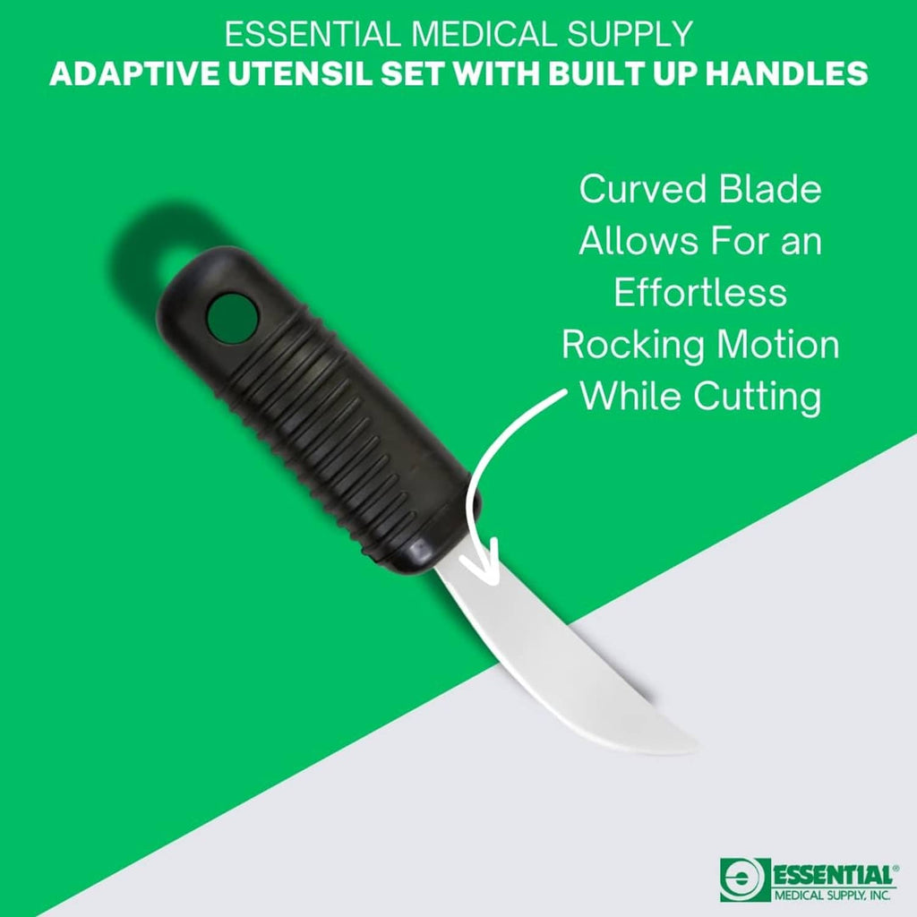 Black rocker knife with bendable blade and built-up ribbed handle
