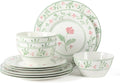 12-piece bone china dinnerware set with green and pink floral pattern plates and bowls