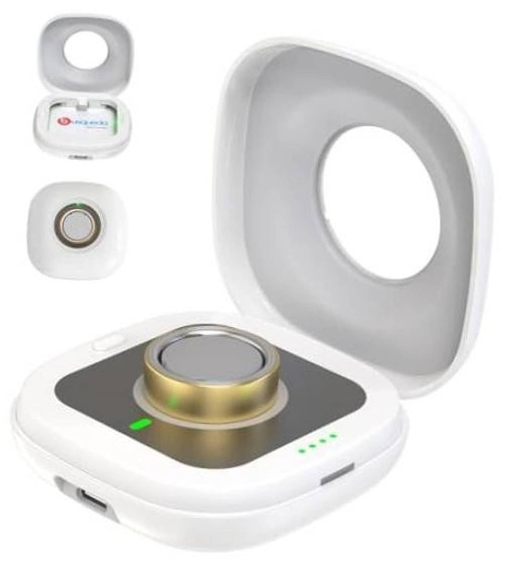 White wireless charging case with open lid and circular charging cradle