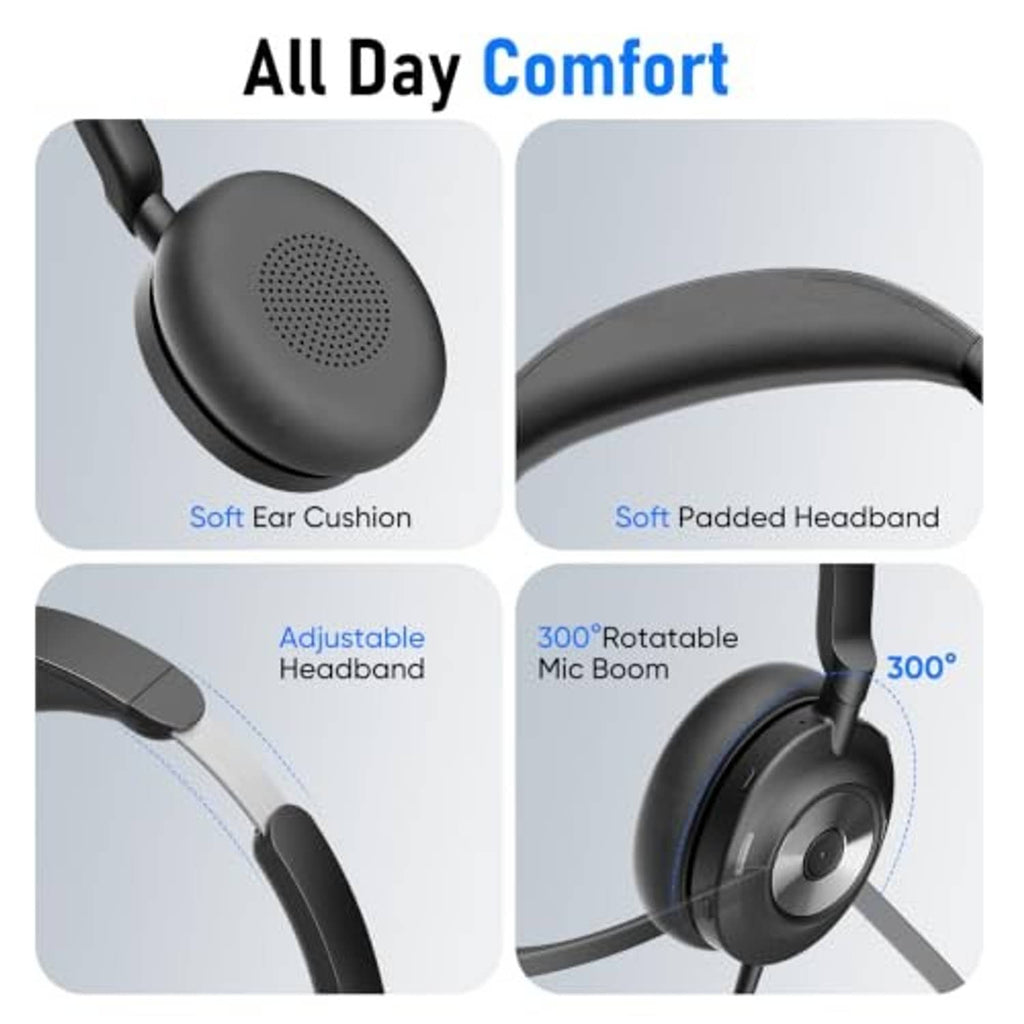 Black over-ear headset with padded headband, soft ear cushions, and adjustable boom mic