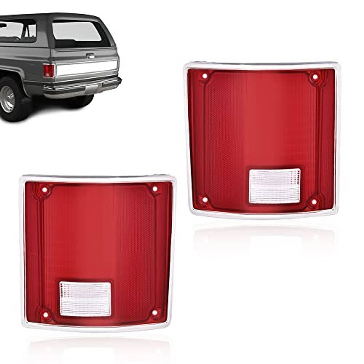 Two red square tail lights with white inner reflector and chrome mounting trim.