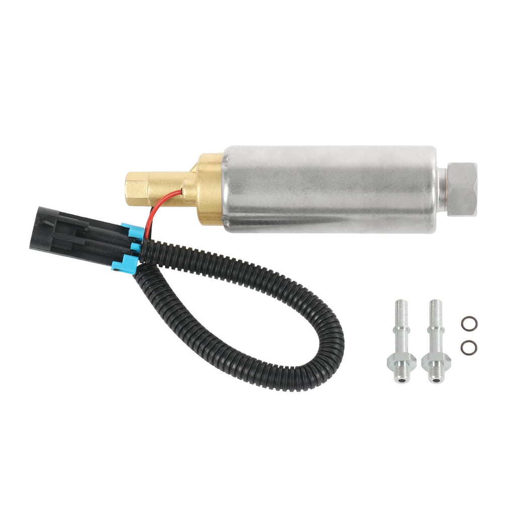 12V EFI fuel pump assembly with metal cylinder, black hose, blue connector, and mounting hardware