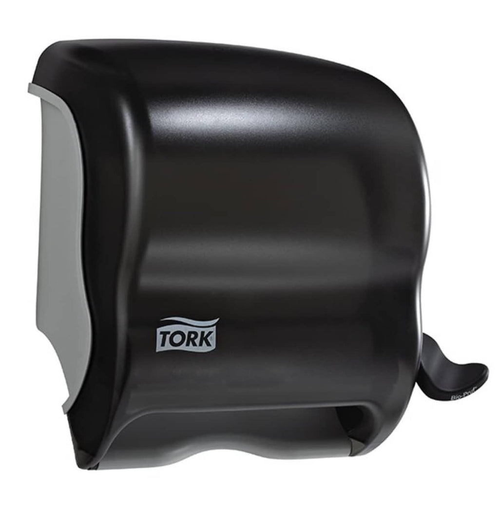 Black Tork paper towel roll dispenser with glossy finish and front outlet lever
