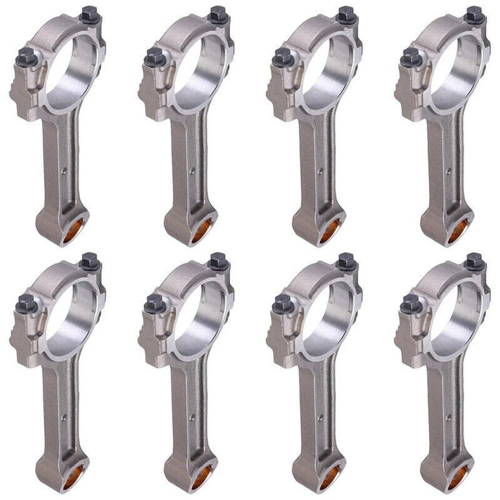 Set of 8 floating pin connecting rods angled view, silver steel with bronze inserts