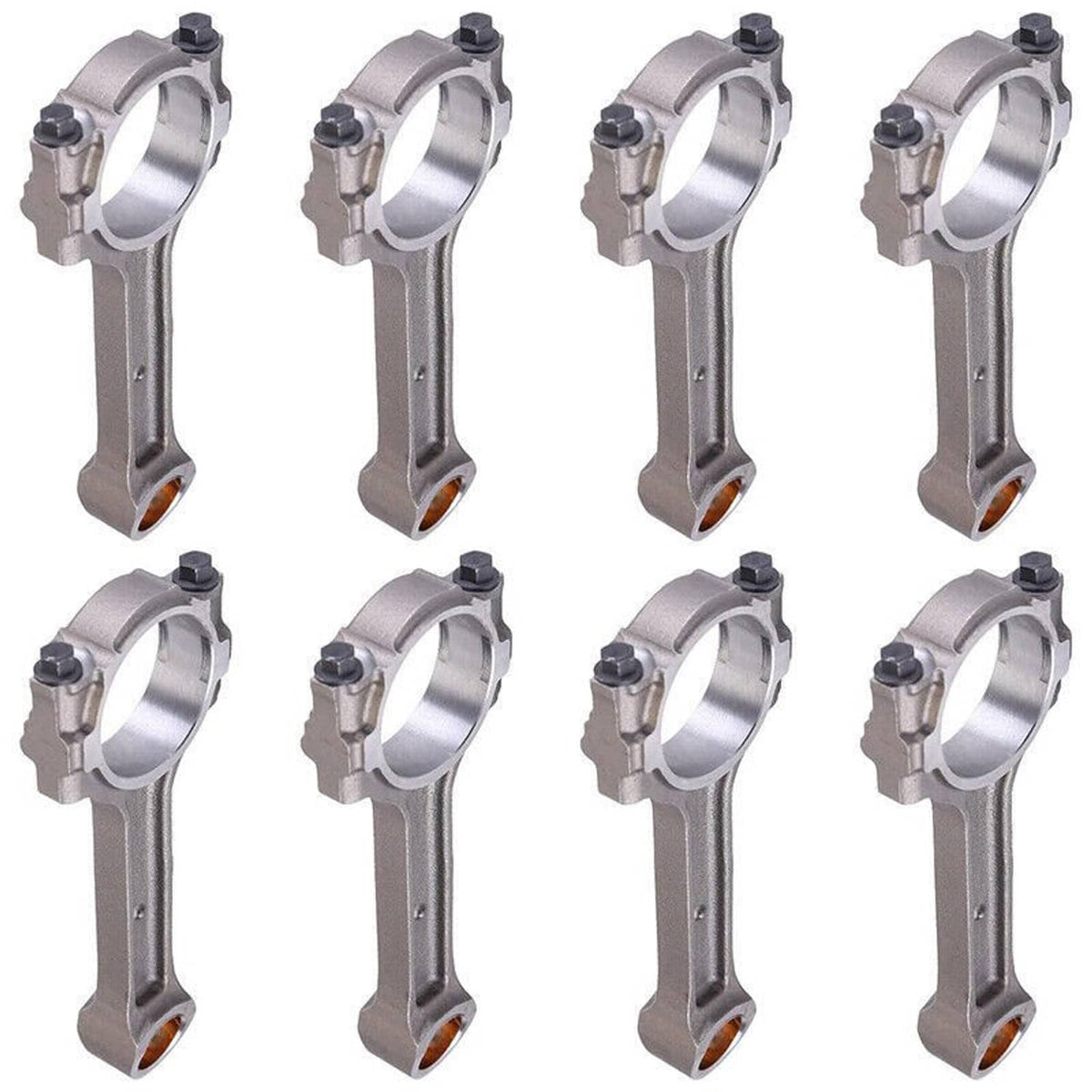 Set of 8 floating pin connecting rods angled view, silver steel with bronze inserts