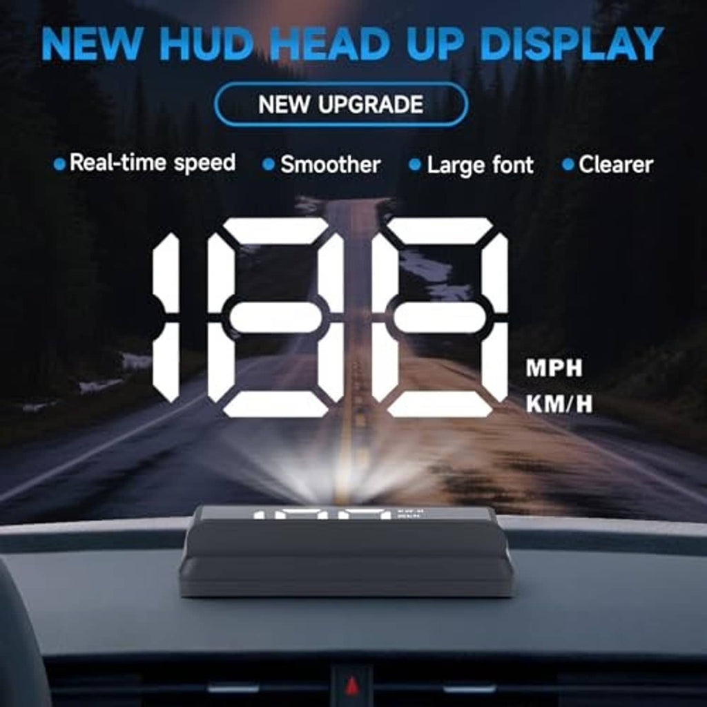 Black HUD speedometer unit on dashboard displaying large digital speed readout