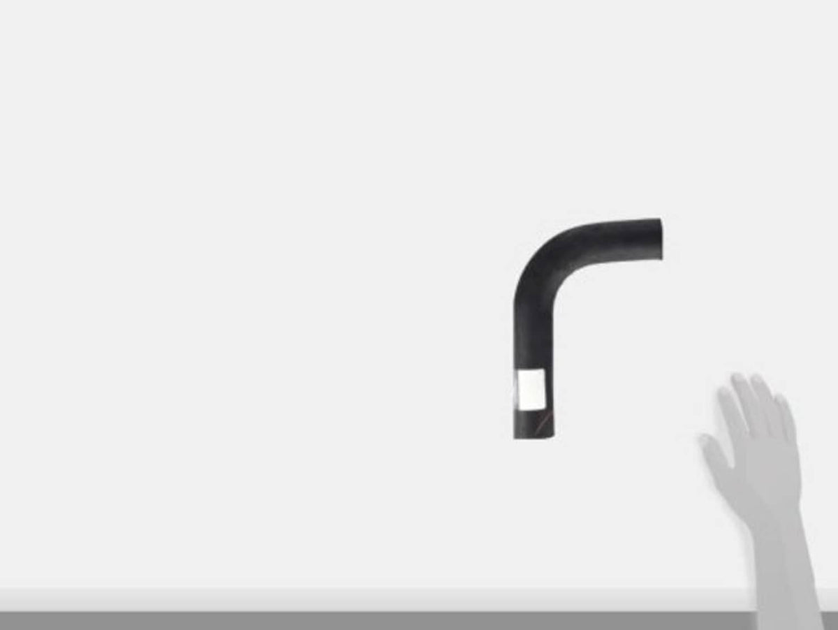 Curved radiator hose with right-angle bend, black rubber and white marking band