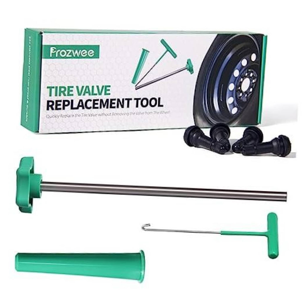 Tire valve replacement tool set with T-hook, positioning tube, and four valve stems