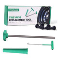 Tire valve replacement tool set with T-hook, positioning tube, and four valve stems