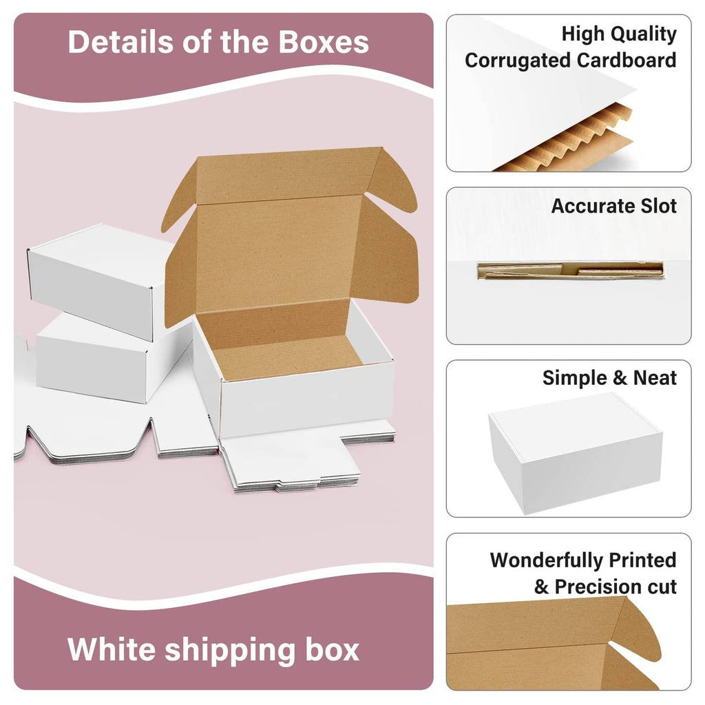 White shipping boxes with open brown corrugated lid, showing flaps and fit