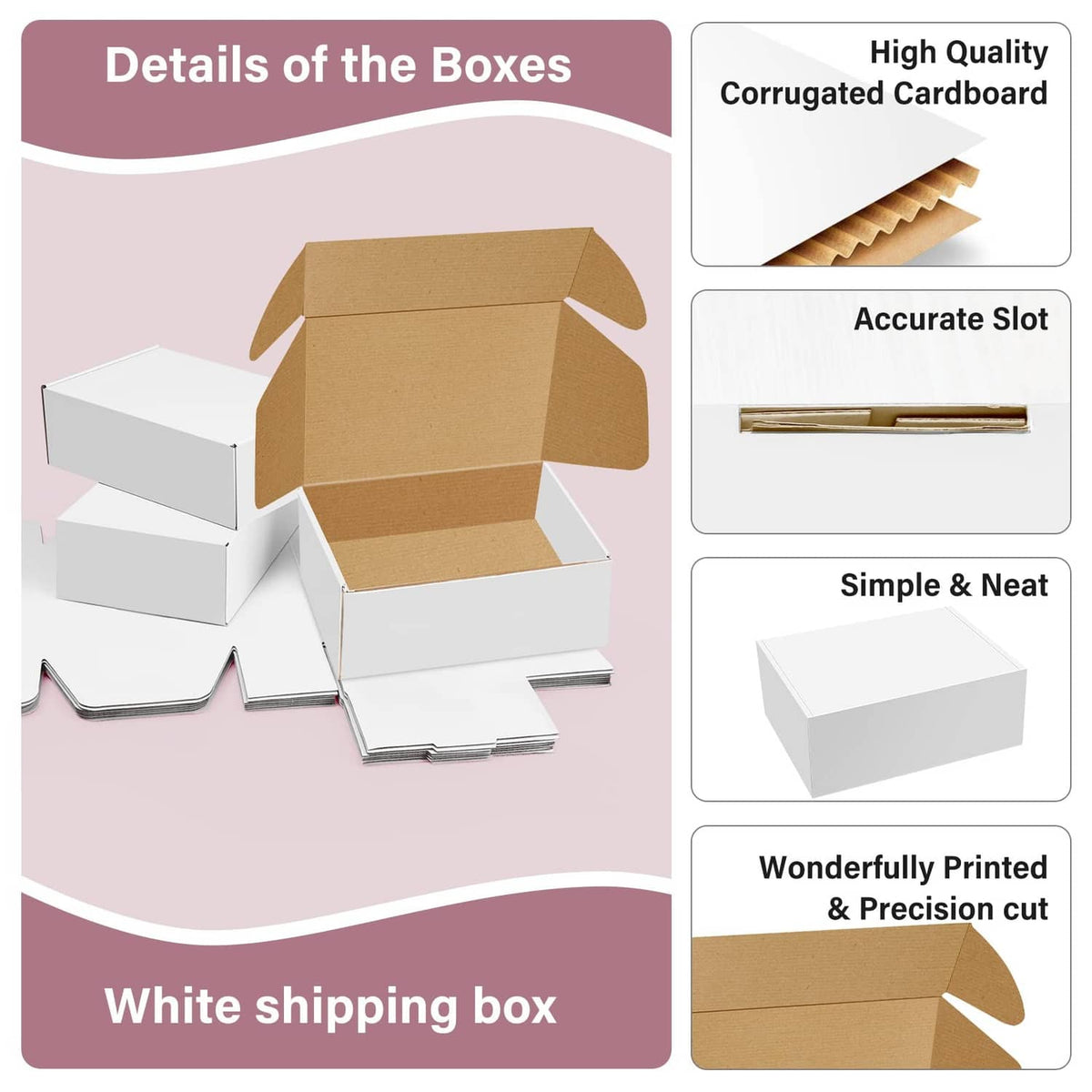 White shipping boxes with open brown corrugated lid, showing flaps and fit