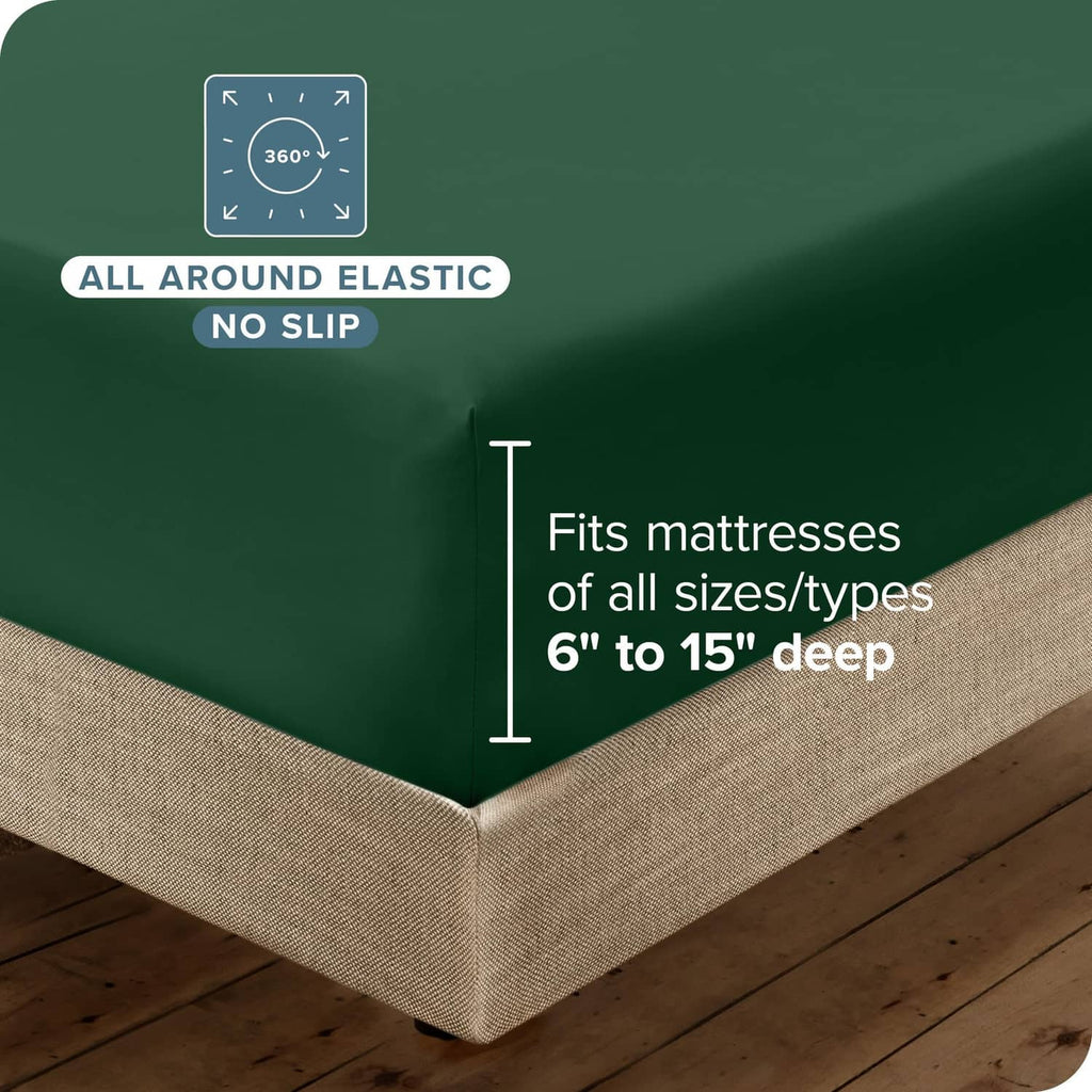 Forest green deep-pocket fitted sheet corner with elasticized skirt