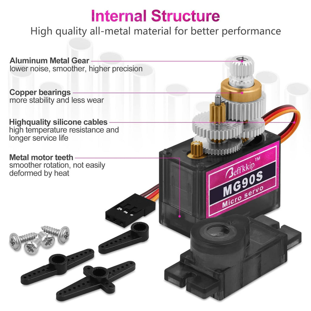 MG90S micro servo motor with visible gear train and mounting bracket