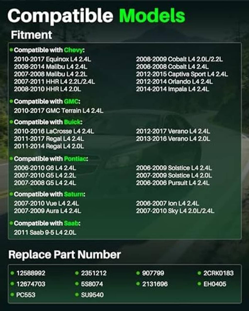 Crankshaft position sensor fitment chart with compatible models and replacement part numbers
