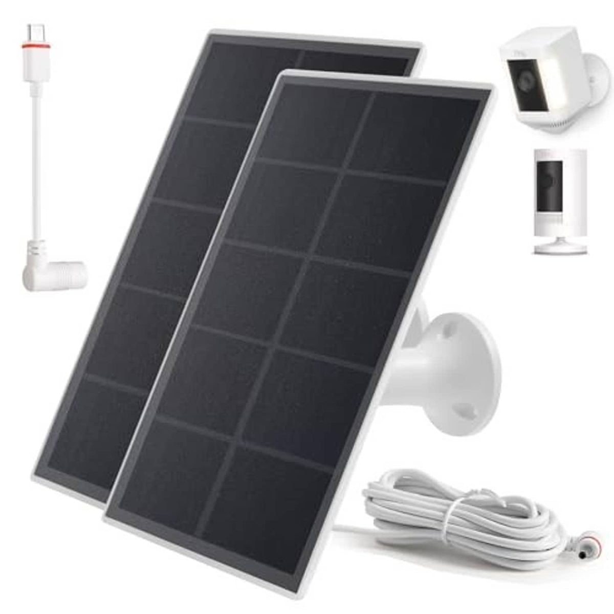 Solar panel charger with dark panel, white wall mount, and coiled power cable