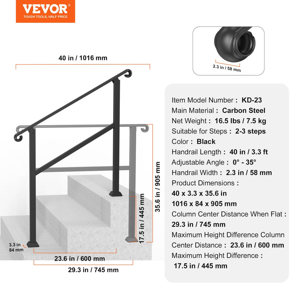 Black adjustable stair handrail frame with rounded end caps and vertical posts