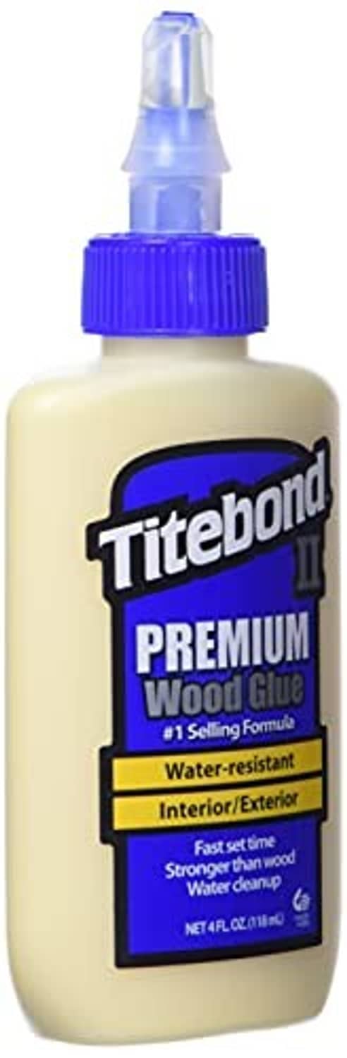 Titebond II premium wood glue bottle front label, blue cap and pointed nozzle