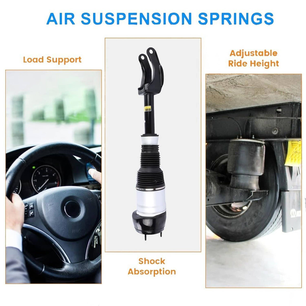 Air suspension shock strut diagram showing black mount and silver shock absorber body