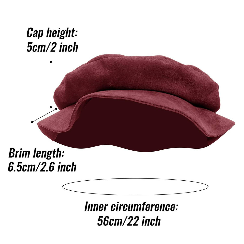 Wine burgundy flat beret hat with brim and height measurement diagram