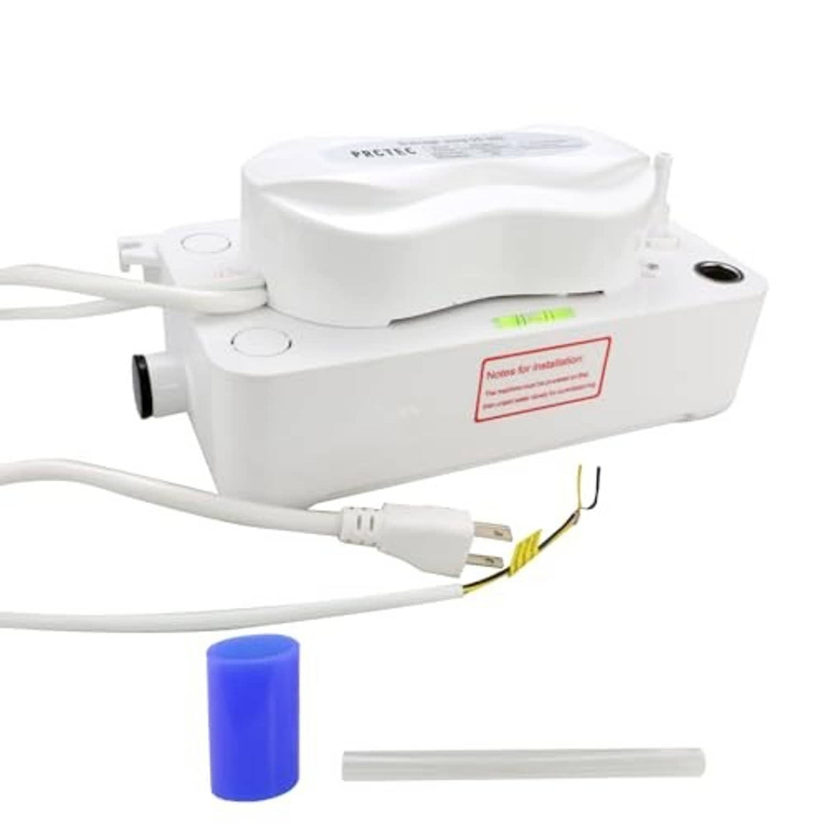 White automatic condensate pump with side ports, power plug leads, and blue cap.