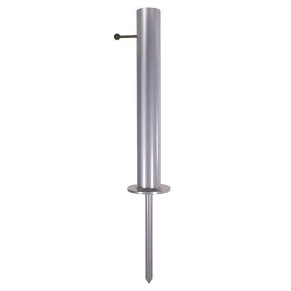 Metal ground flagpole mount with vertical post and pointed stake base