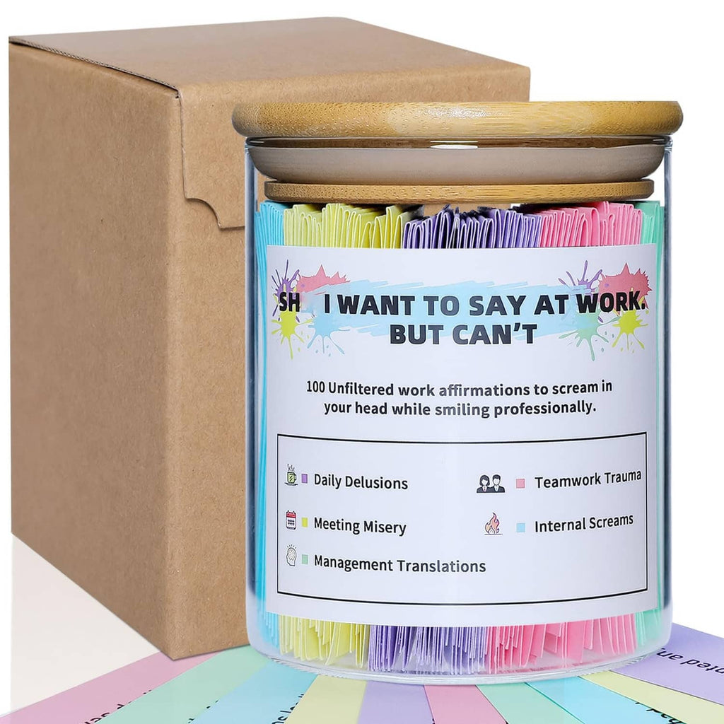 Glass jar of color-coded work affirmation notes with wood lid and printed label