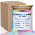 Glass jar of color-coded work affirmation notes with wood lid and printed label