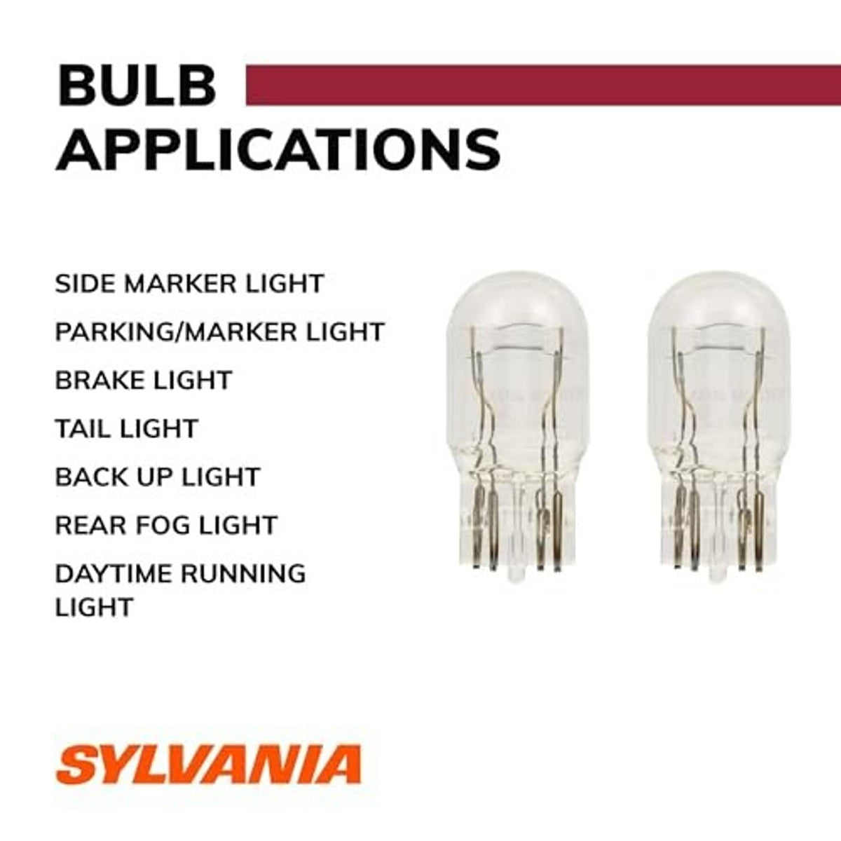 SYLVANIA bulb applications infographic with two miniature glass bulbs for vehicle lights