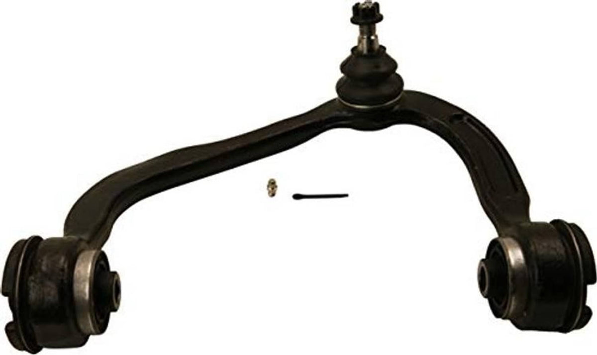 Front upper suspension control arm with ball joint boot and rubber bushing mounts
