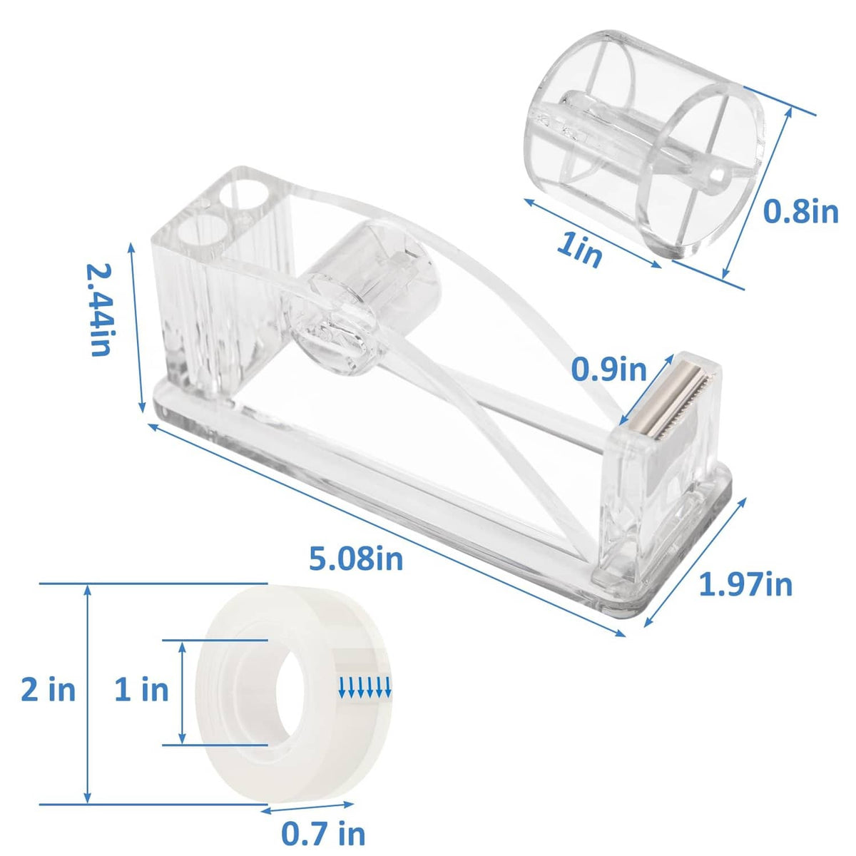 Clear acrylic tape dispenser with large roll holder and extended clear arm