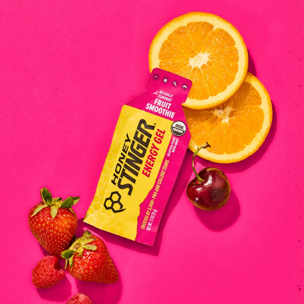 Honey Stinger organic fruit smoothie energy gel sachet with citrus and berries shown