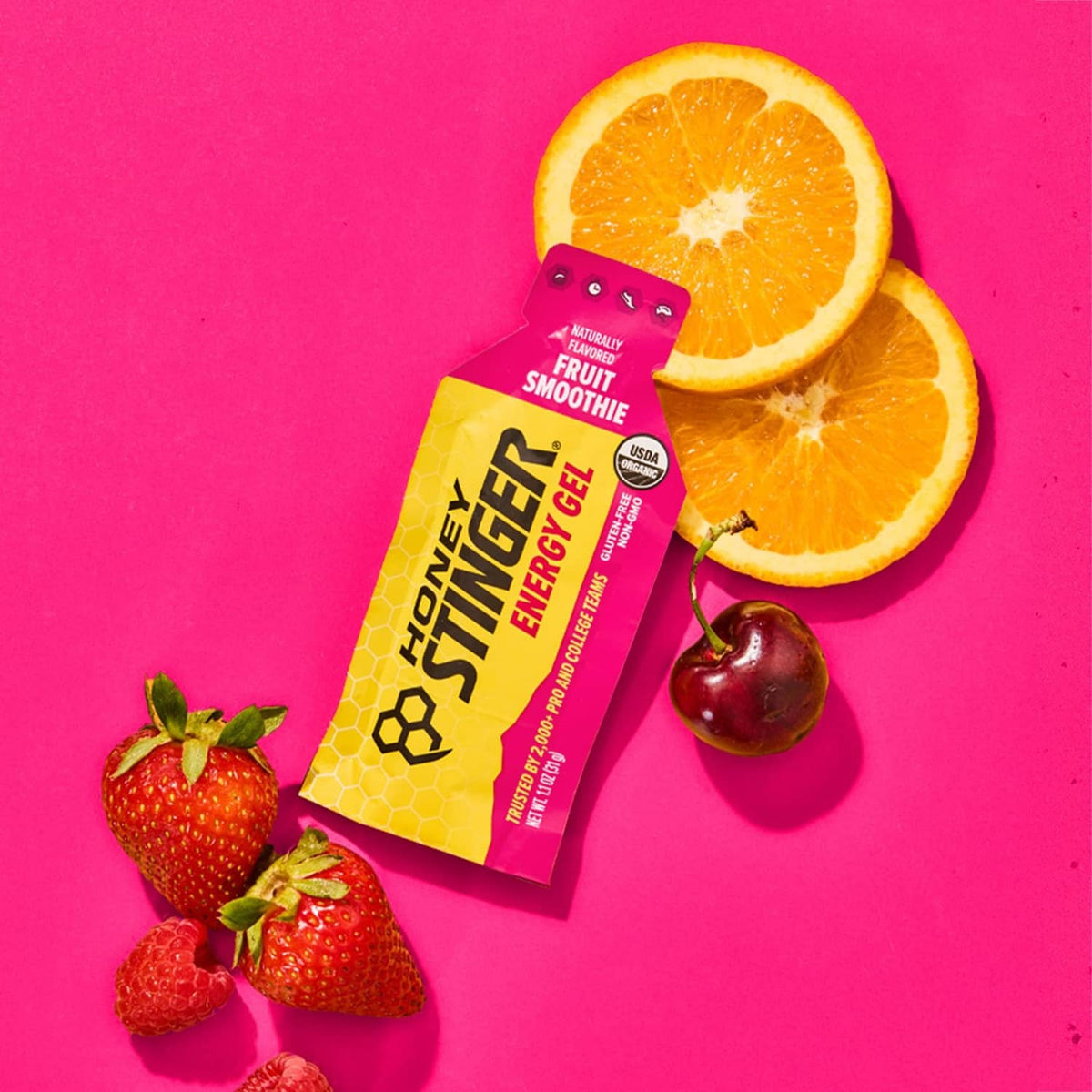Honey Stinger organic fruit smoothie energy gel sachet with citrus and berries shown