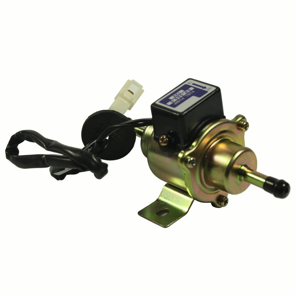 Electric fuel pump with gold outlet, black control box, and wiring with white plug