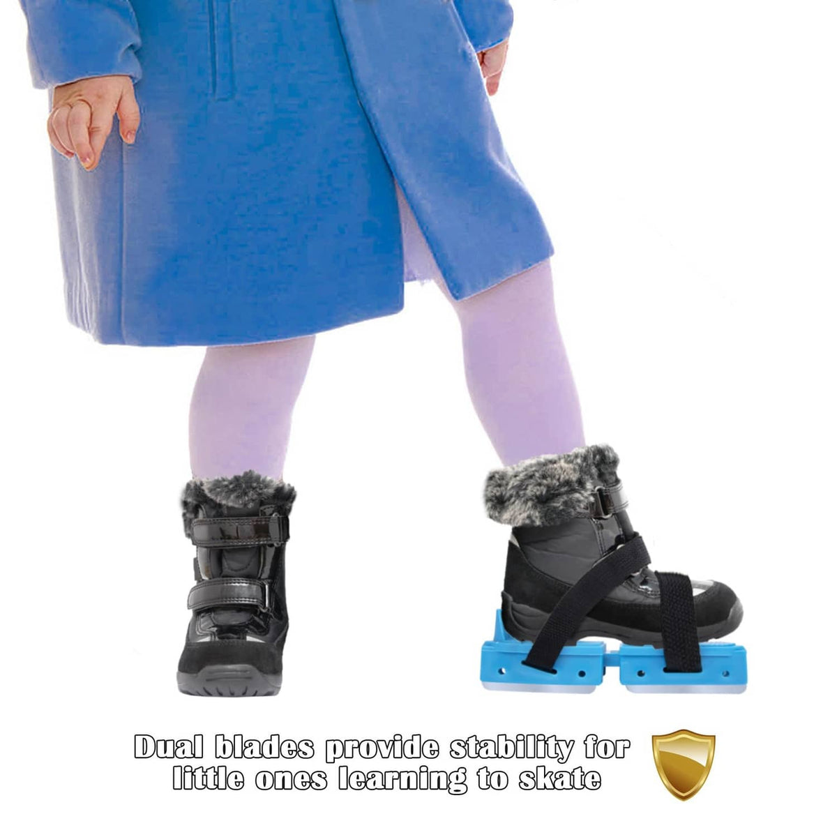 Blue toddler ice skates with black straps and dual blade runners on boots