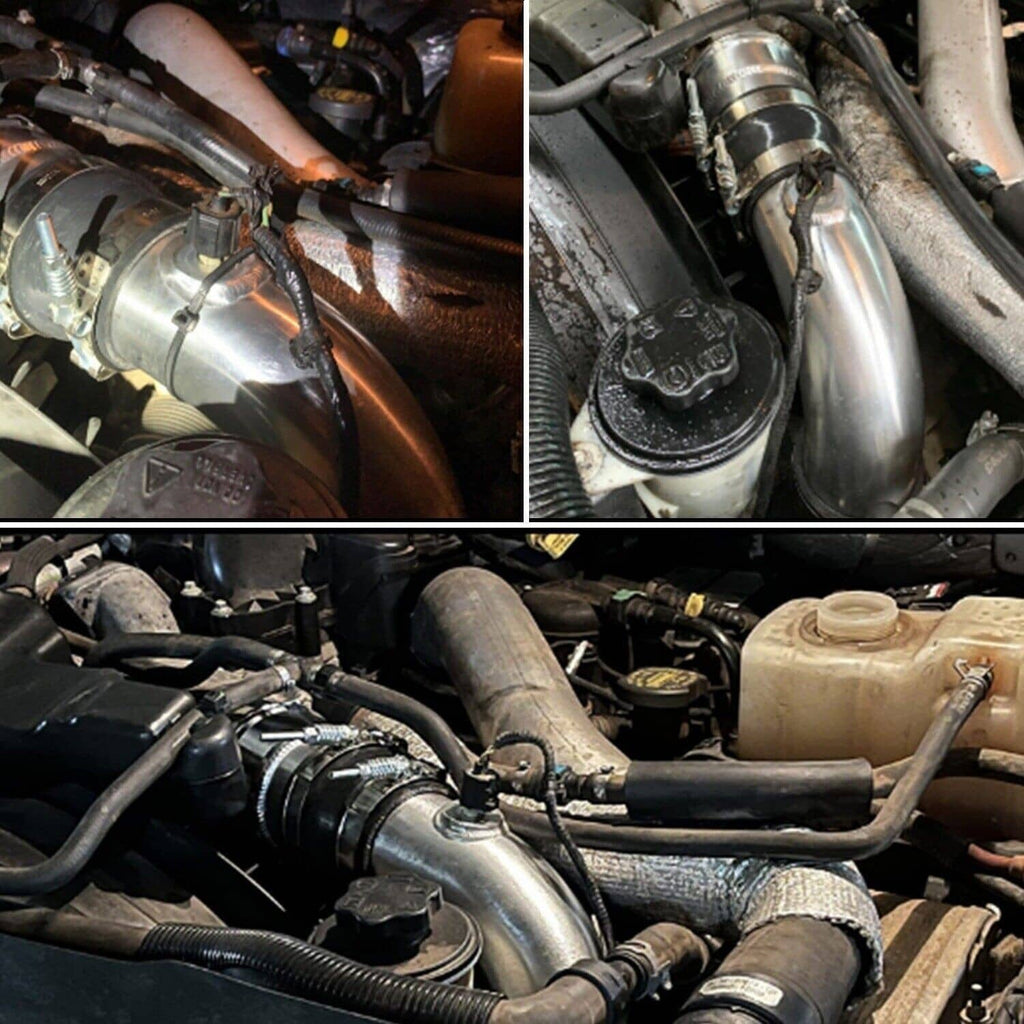 Intercooler pipe boots and hoses with clamps installed in an engine bay