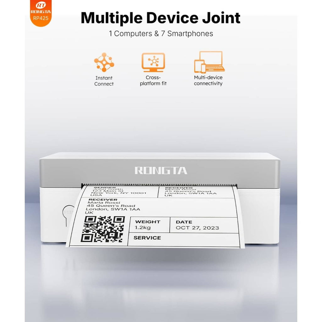 White RONGTA thermal label printer on stand with blank label feed