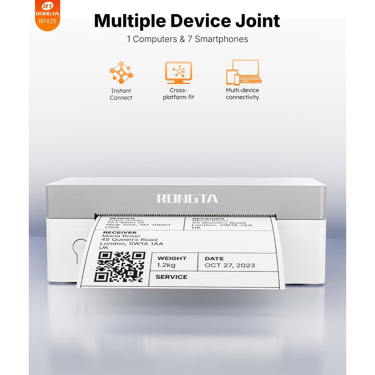 White RONGTA thermal label printer on stand with blank label feed