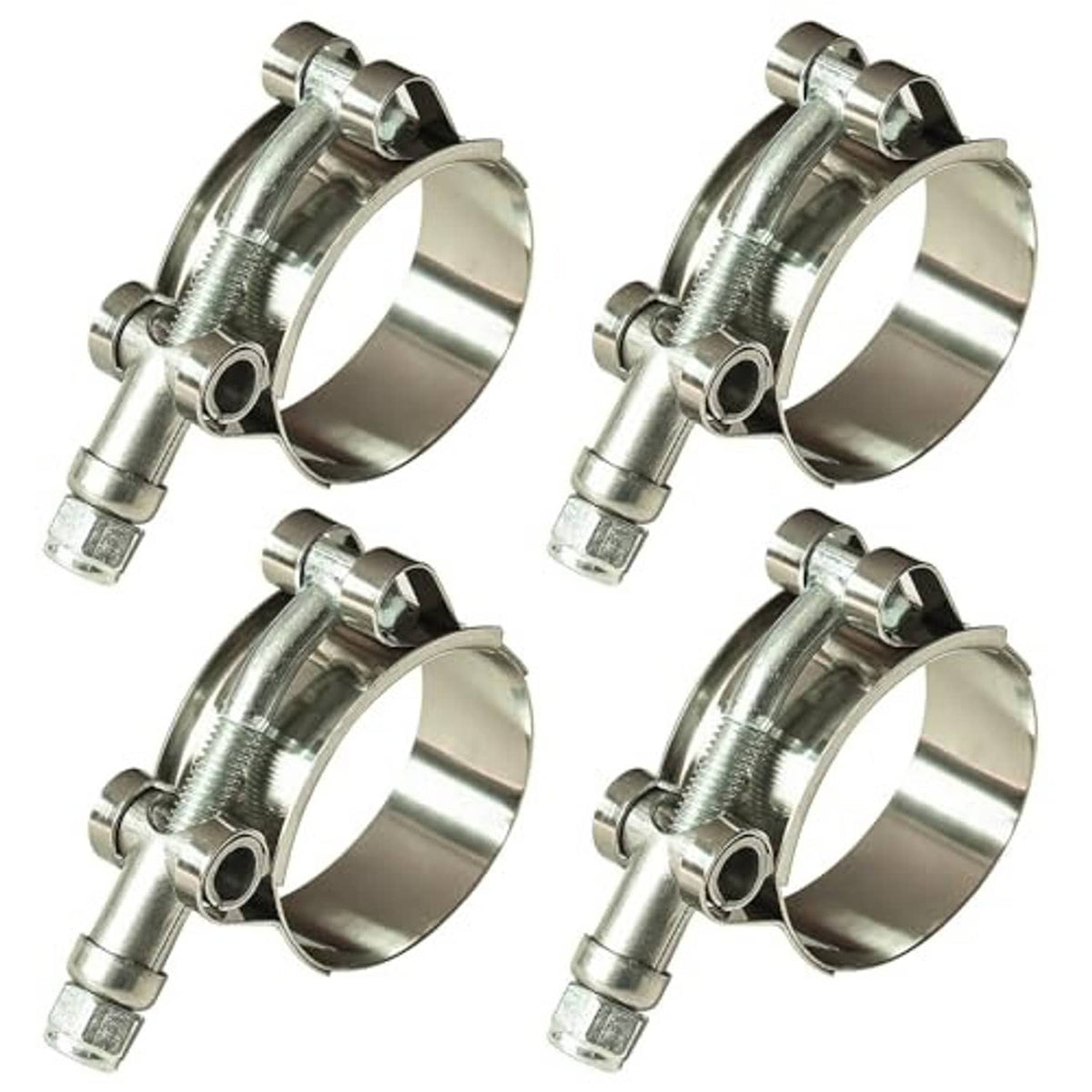 Stainless steel T-bolt hose clamps, four-pack with band and threaded screw housing