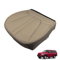 Tan synthetic leather front driver seat bottom cover with stitched panel lines