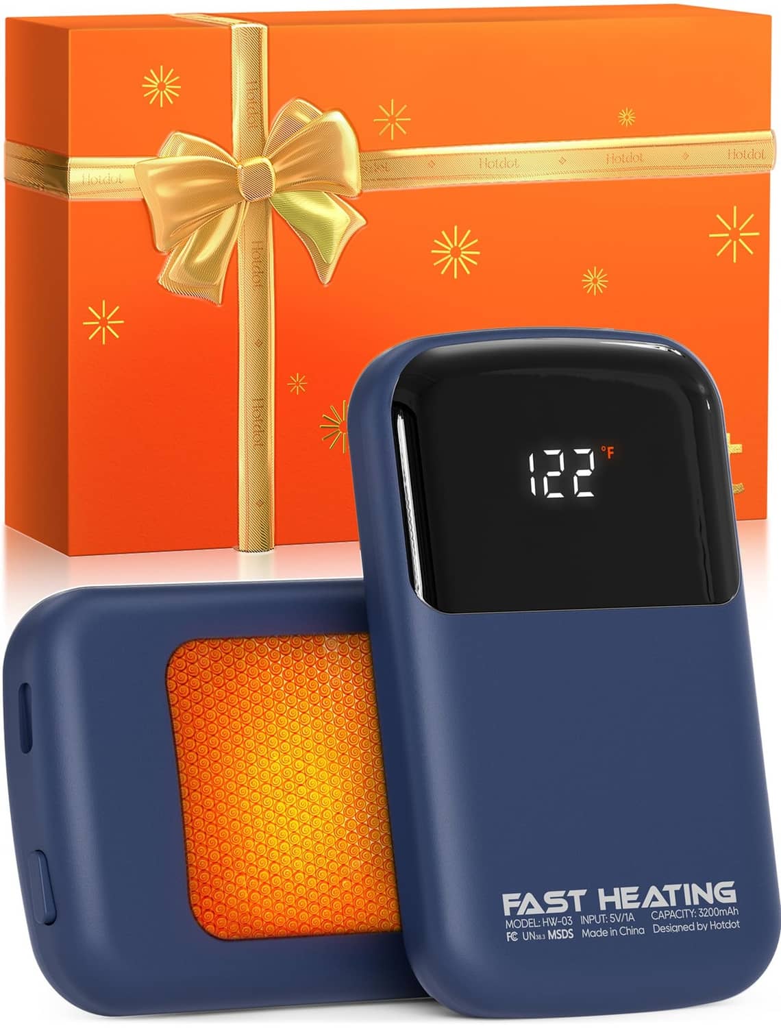 Digital display showing 122°F on blue rechargeable hand warmer.