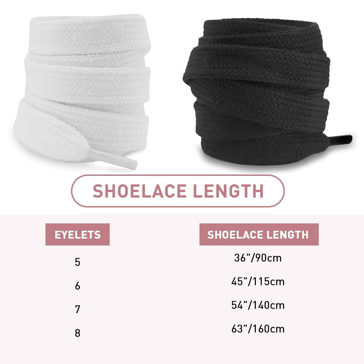 White and black flat cotton shoelaces coiled with straight ends