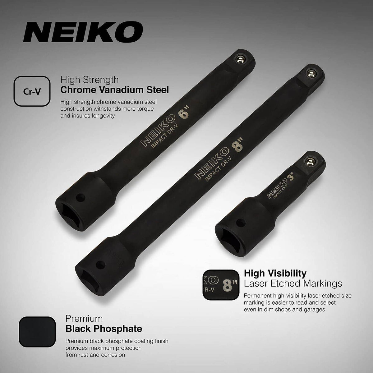 Black 1/2" drive impact extension bars with Cr-V material and laser-etched sizes
