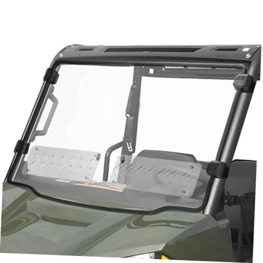 Front windshield for off-road vehicle with hard clear panel and black mounting frame.