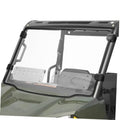 Front windshield for off-road vehicle with hard clear panel and black mounting frame.