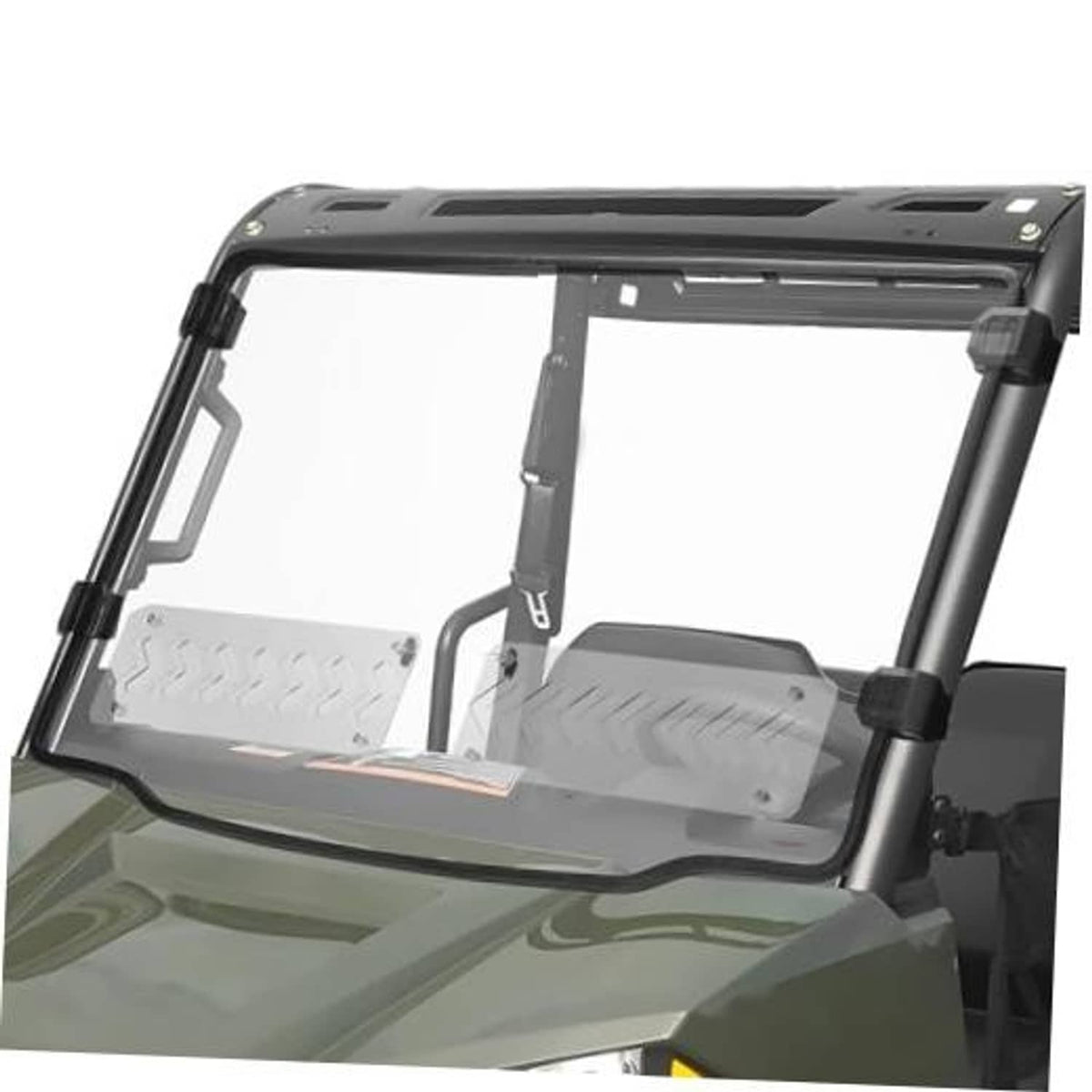 Front windshield for off-road vehicle with hard clear panel and black mounting frame.